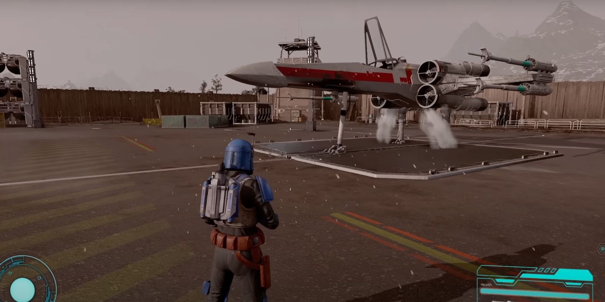 A Mandalorian looking at an X-Wing in Starfield's Star Wars Genesis mod.