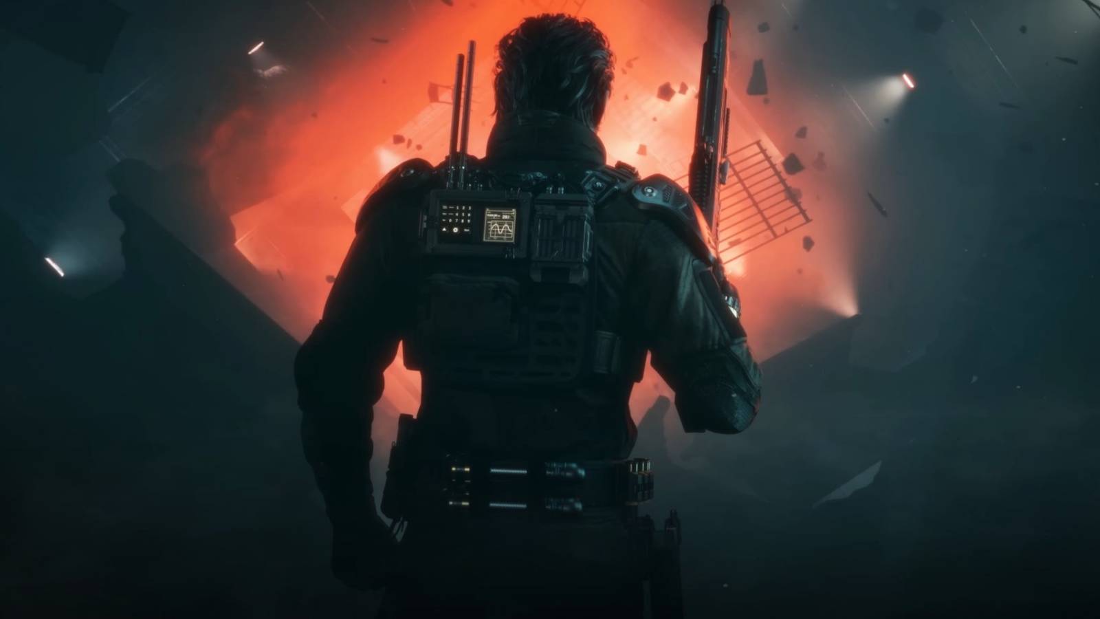 A Call of Duty Black Ops 7 character wearing high tech gear looking away at a red anomaly.