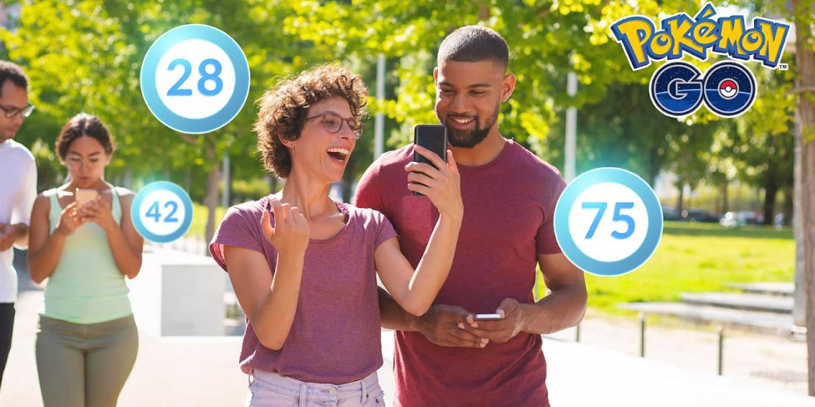 pokemon go players with their level emblems floating next to them.