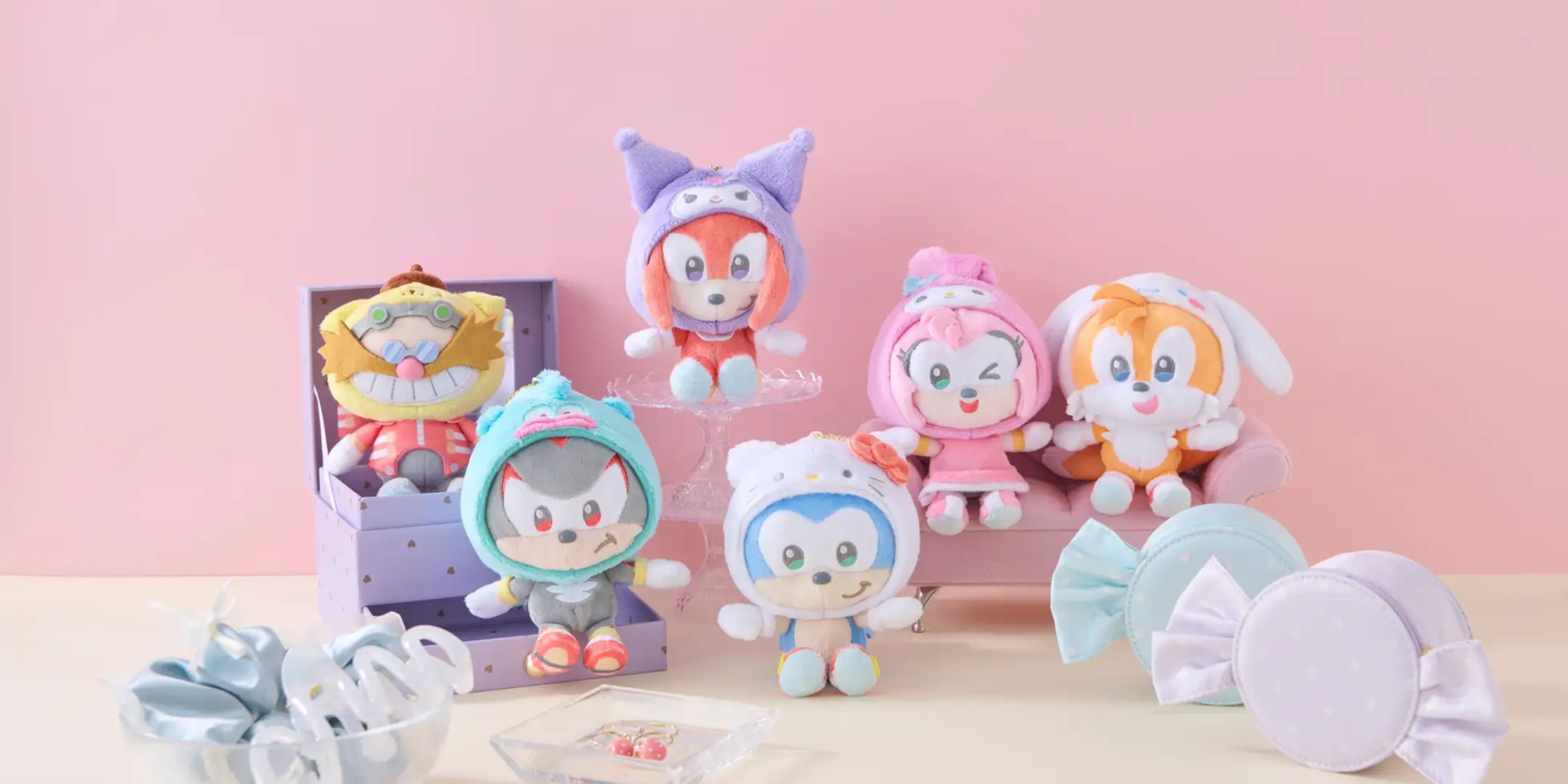 sonic x sanrio plushes sitting together.