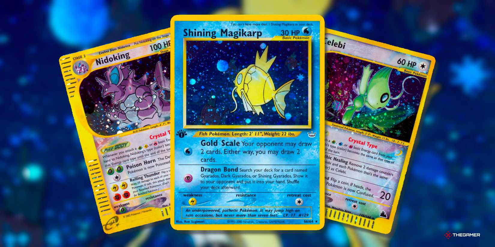 NIDOKING (CRYSTAL), Shining Magikarp and Celebi (Crystal) cards from different era Pokemon TCG.