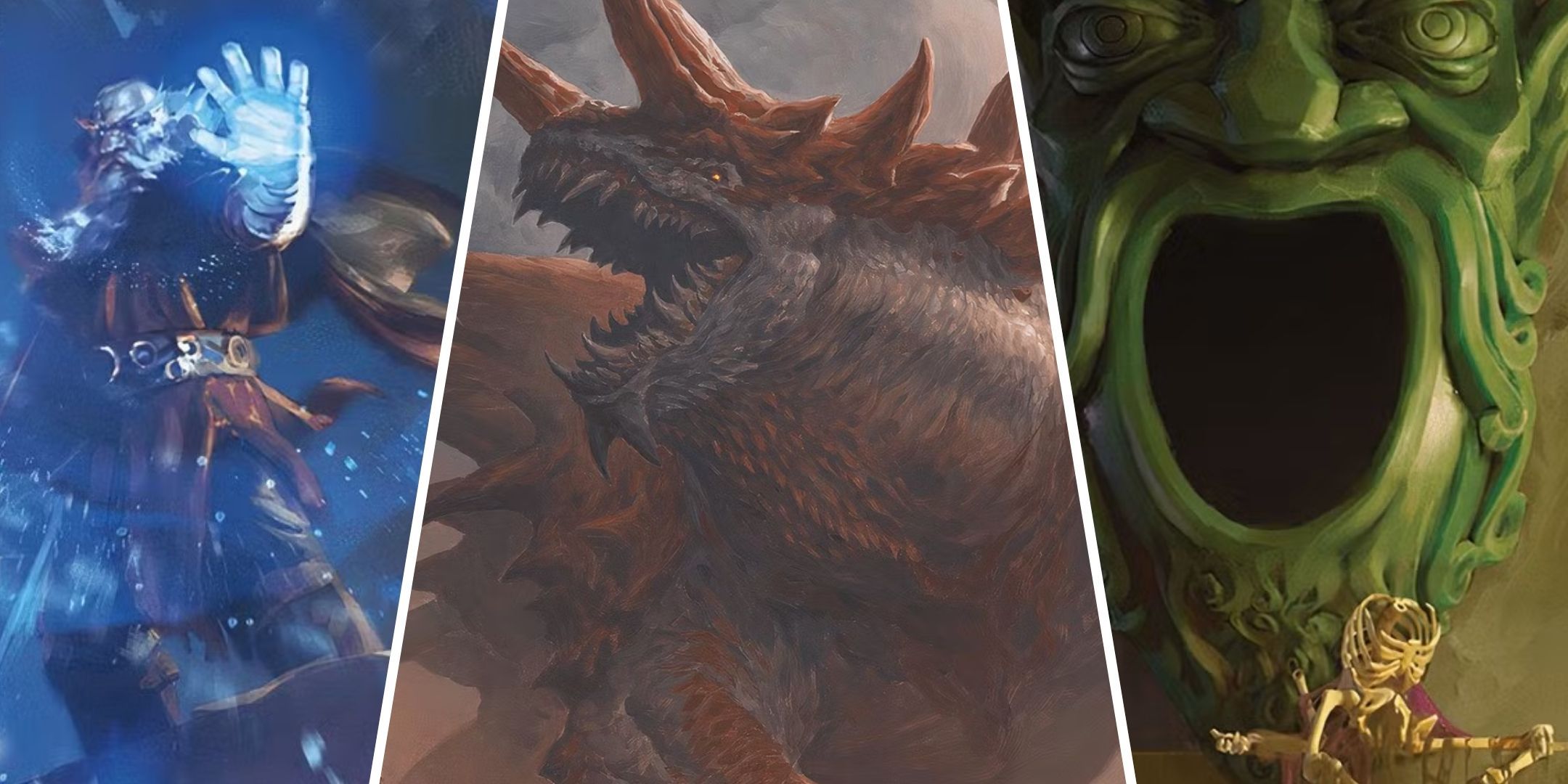 A spellcaster, a Tarrasque, and a statue from the Tomb of Horrors, from Dungeons & Dragons (DND).