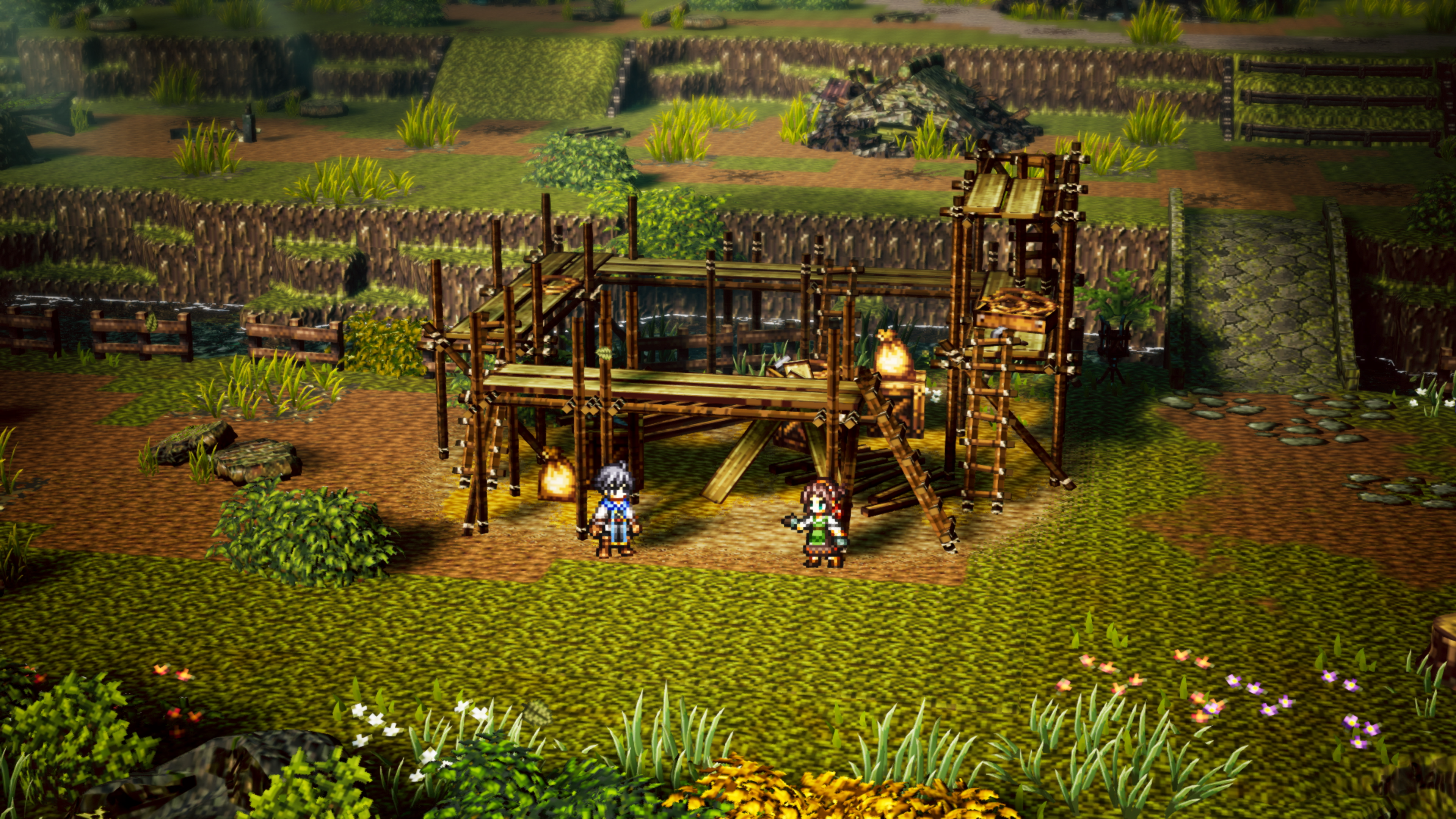 Characters building a structure in Octopath 0.