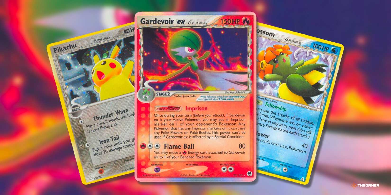 Pikachu (Metal), Gardevoir Ex (Fire) and Bellossom (Water) Delta Type of card from the pokemon tcg era.