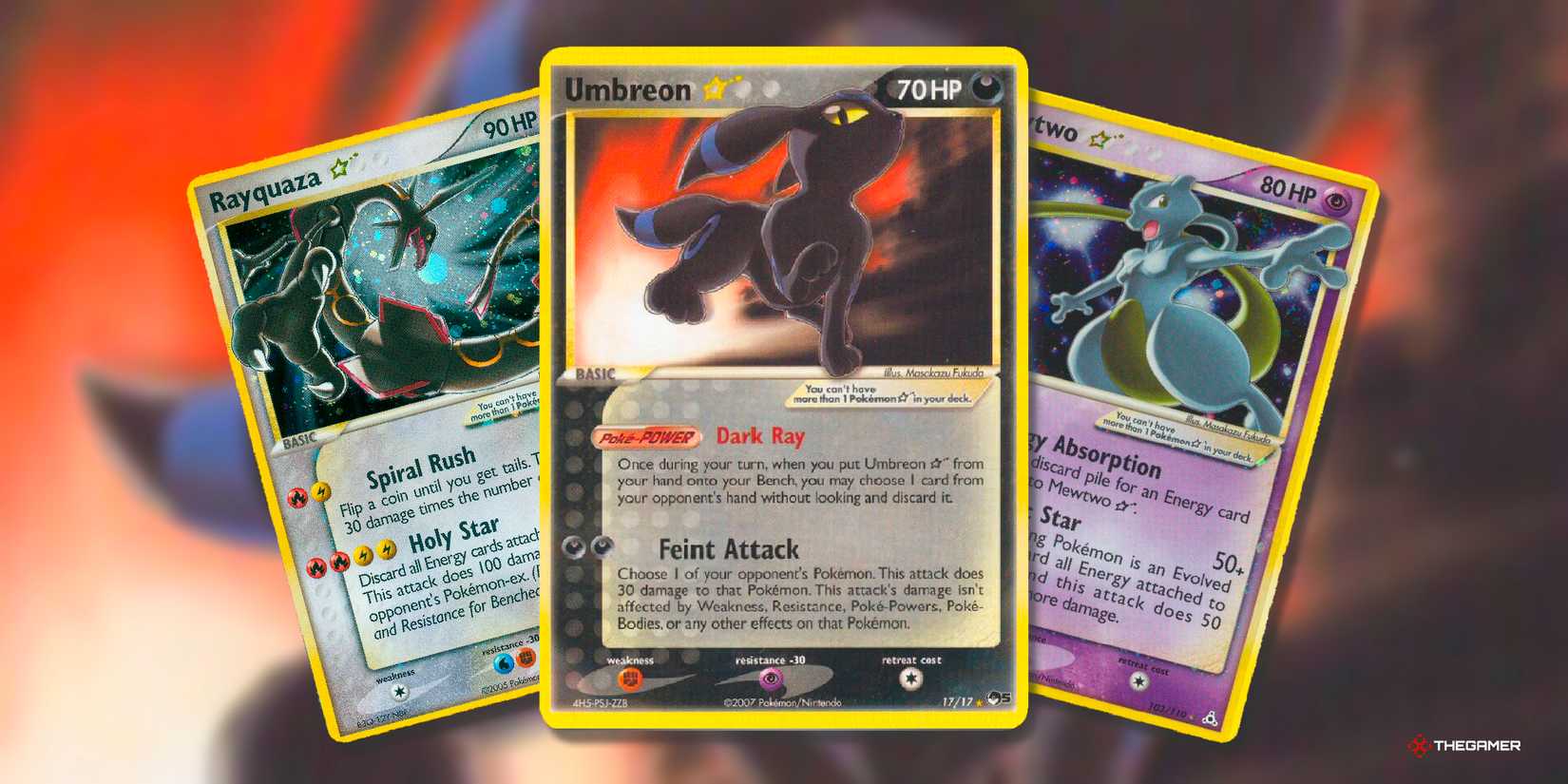 Rayquaza, Umbreon and Mewtwo Gold Star Cards from the ex -era Pokemon TCG.
