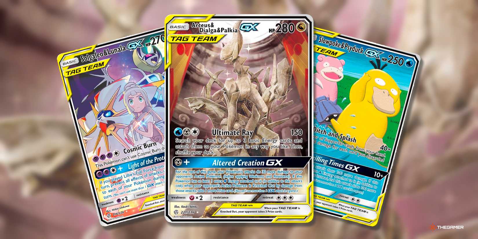 Solgaleo & Lunala GX, Arceus, Dialga & Palkia GX, Slowpoke & Psyduck GX Tag Team Cards from Sun & Moon of Pokemon TCG.