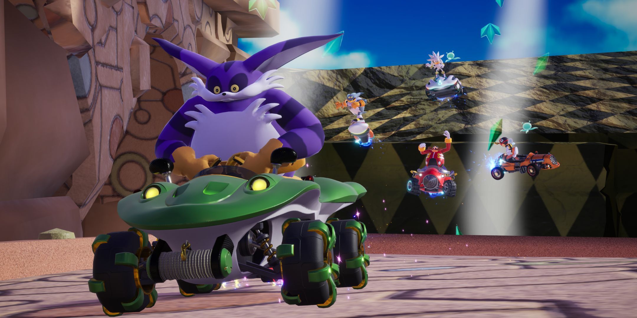 Big the Cat racing ahead of everyone in Sonic Racing: CrossWorlds.