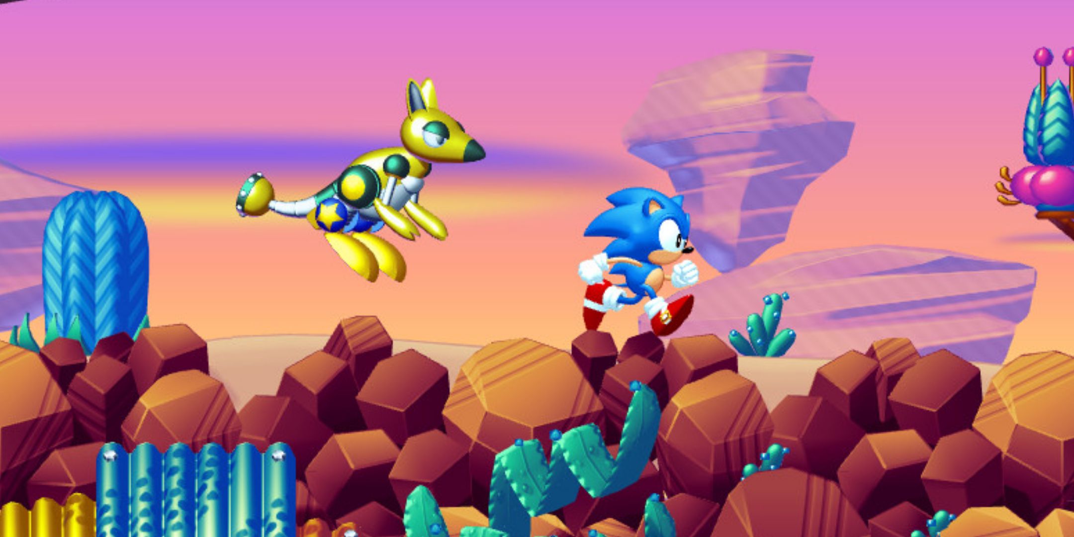 Sonic running on a rocky road followed by a robot kangaroo.