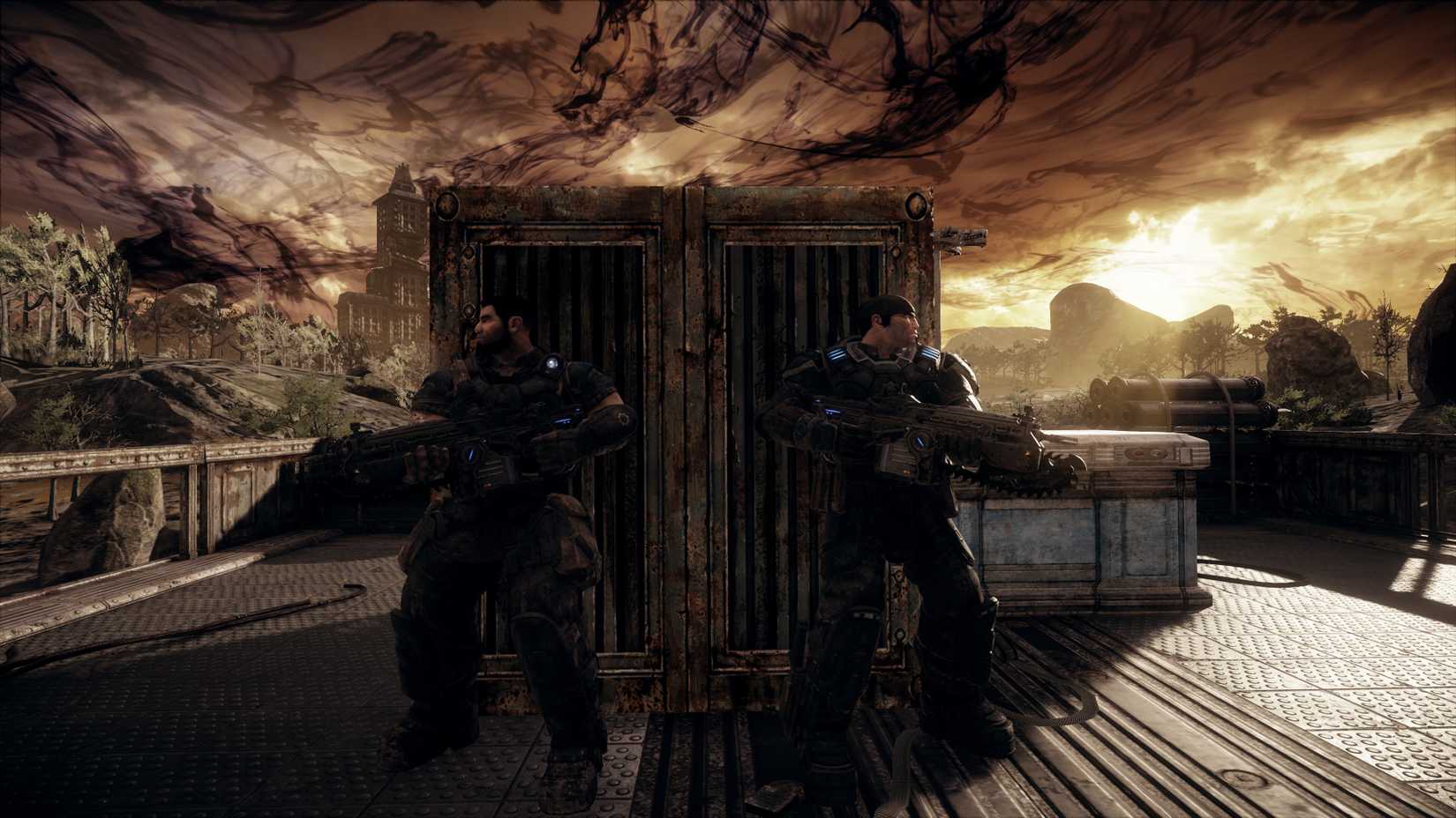 Marcus Fenix ​​and Dominic Santiago take cover in Gears of War: Reloaded. 