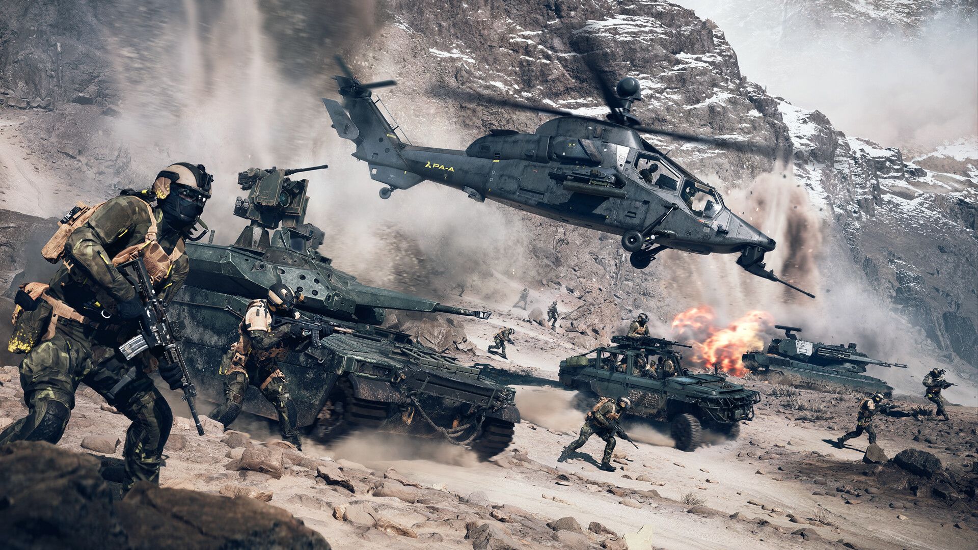 A platoon of soldiers and vehicles prepares to attack in Battlefield 6. 