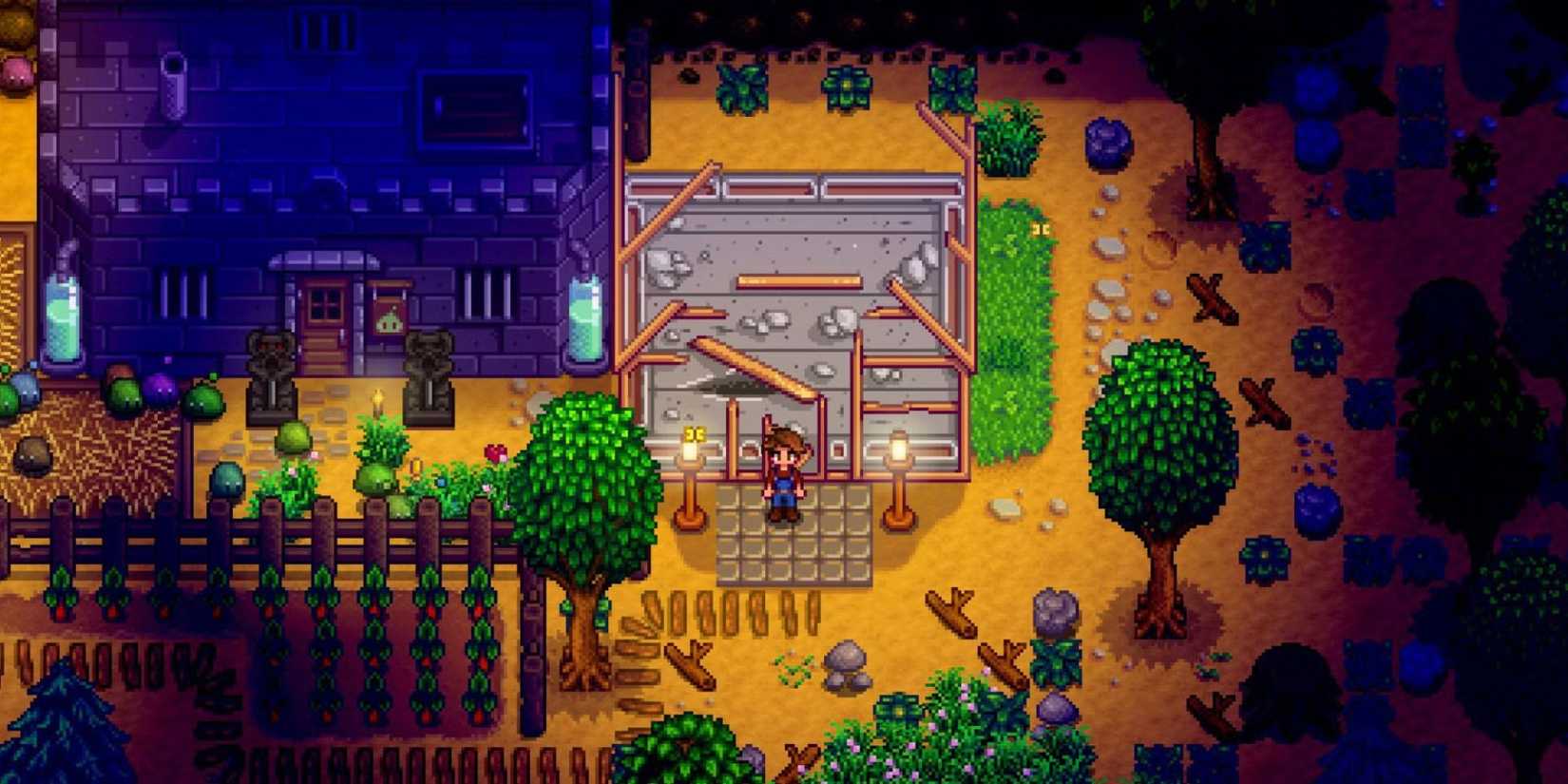 The player standing on a farm at night in Stardew Valley.