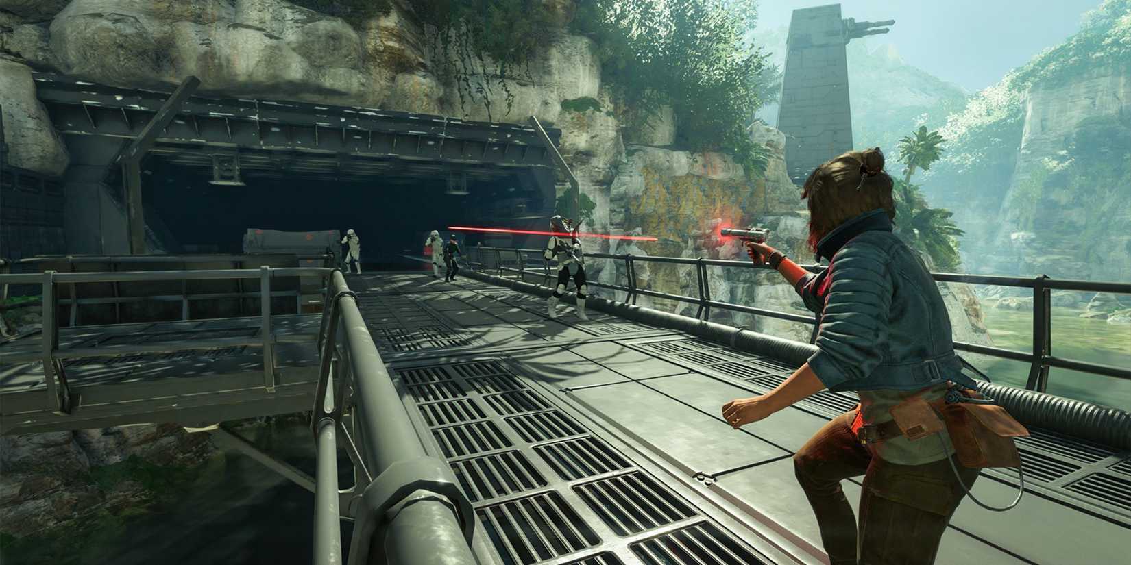 Kay shooting at stormtroopers in Star Wars Outlaws on the Switch 2.