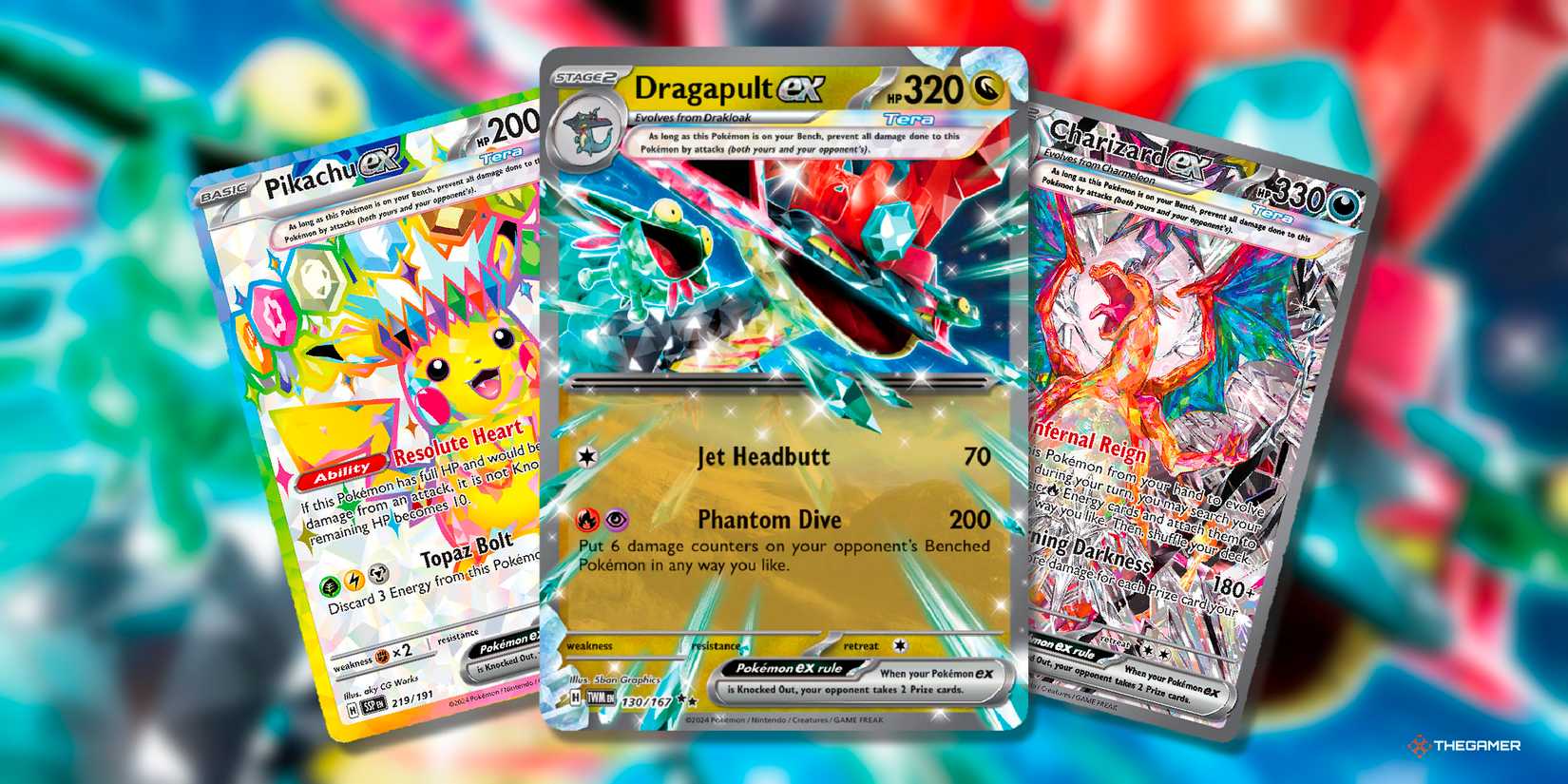 Stellar Pikachu Ex, Dragon Dracapult Ex and Darkness Charizard Ex Tera cards from the scarlet & violet pokemon tcg era.