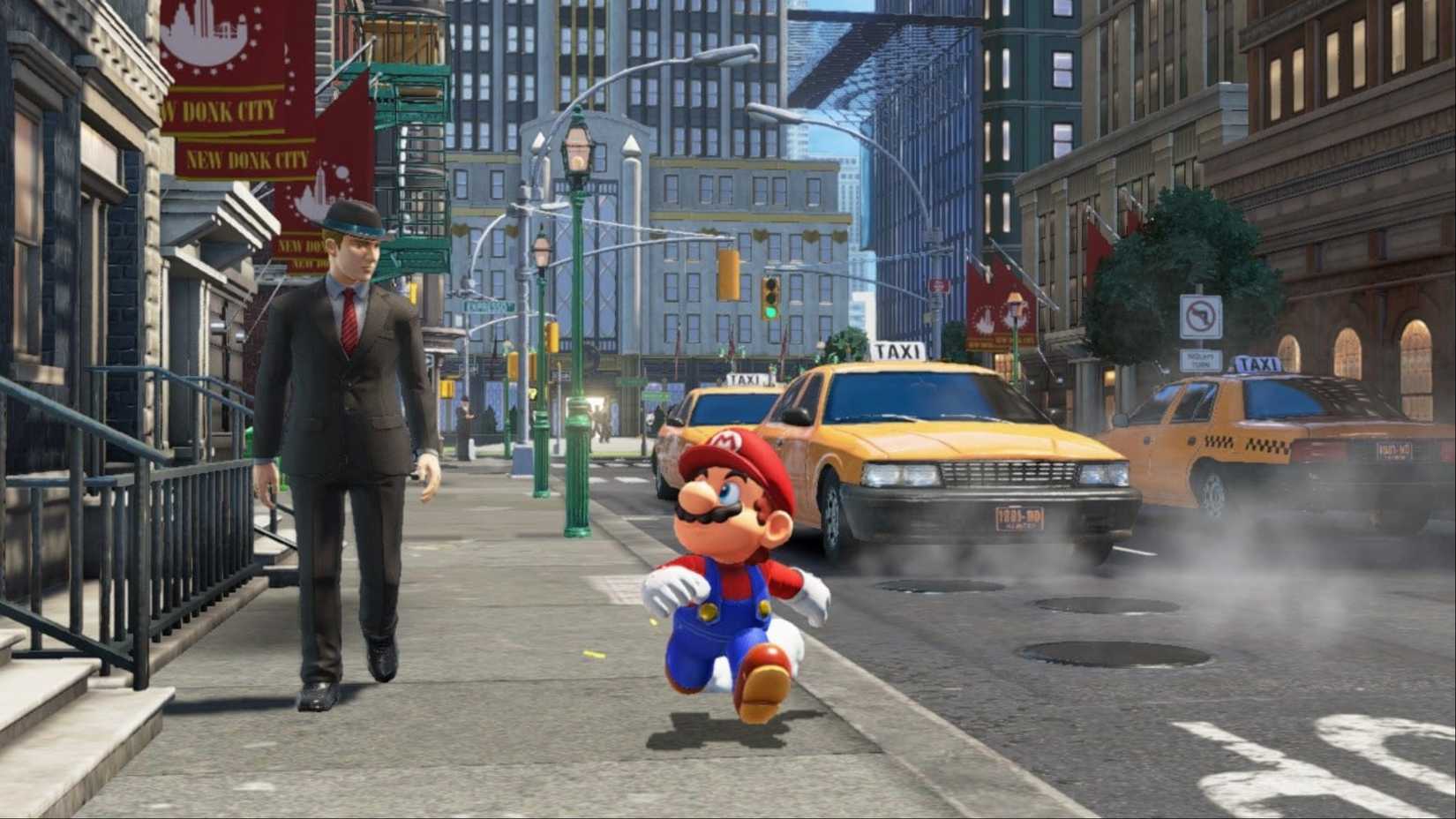 Mario walks past a businessman in the new Donk City in Super Mario Odyssey.