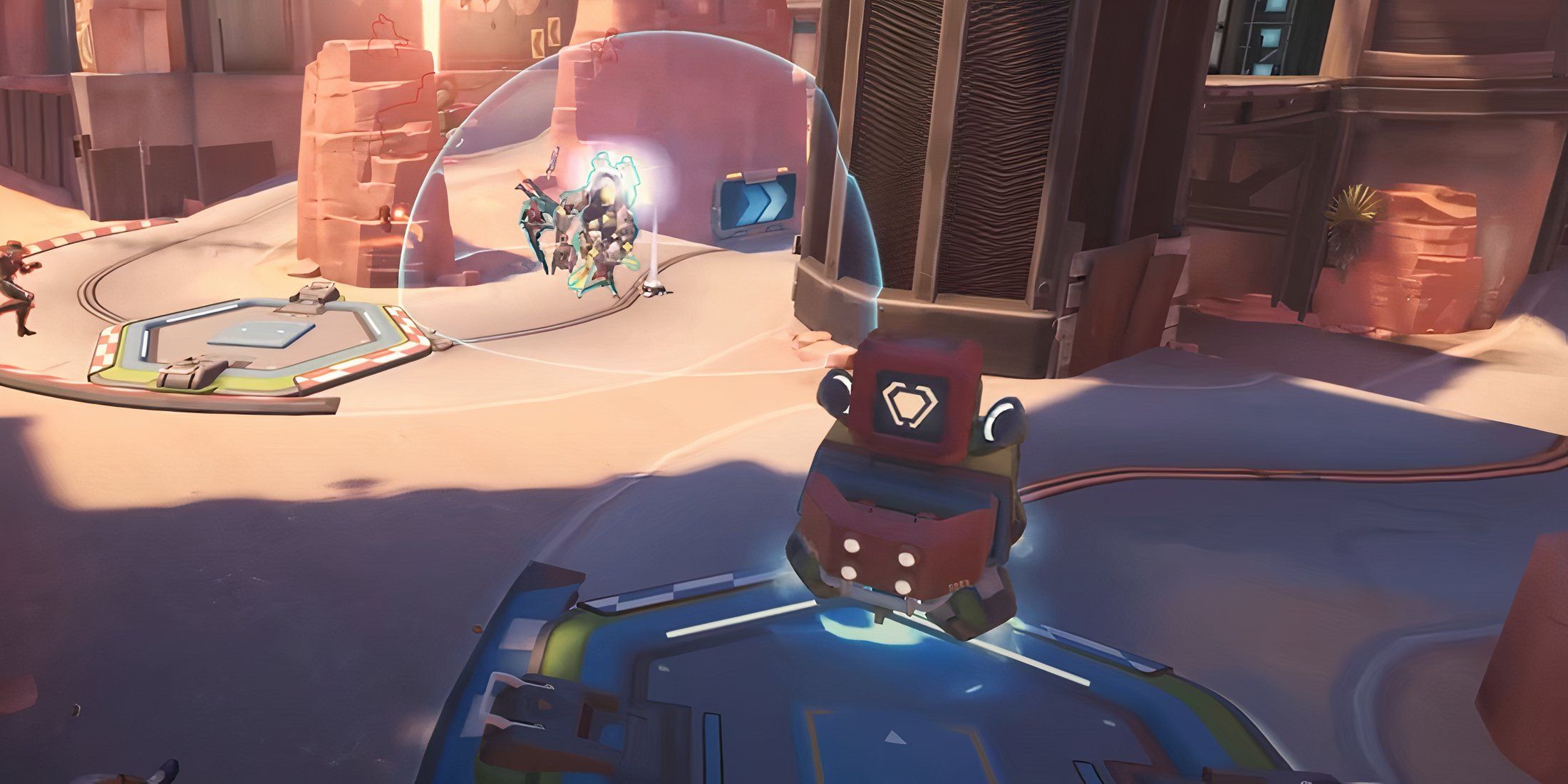 Teams fighting on Payload Race in Overwatch 2.