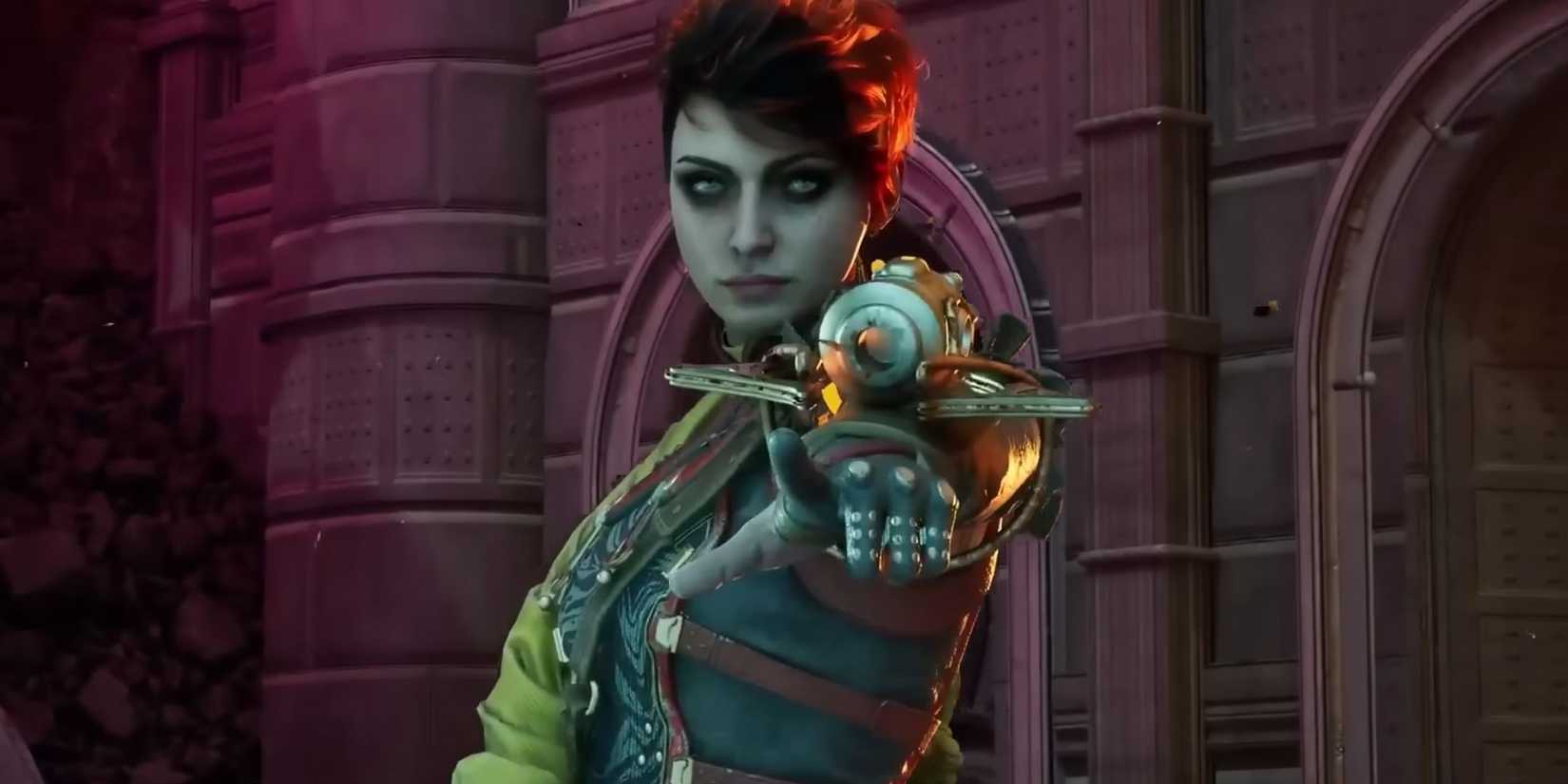 A figure pointing the crossbow on the camera in the outer worlds 2.