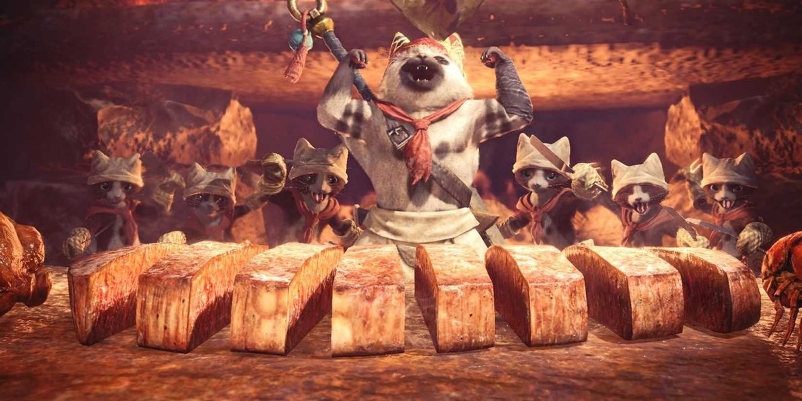 The Palicos prepare some meat in Monster Hunter World.