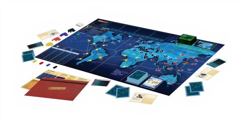 The Pandemic Legacy Season 1 board is set up and ready to play.