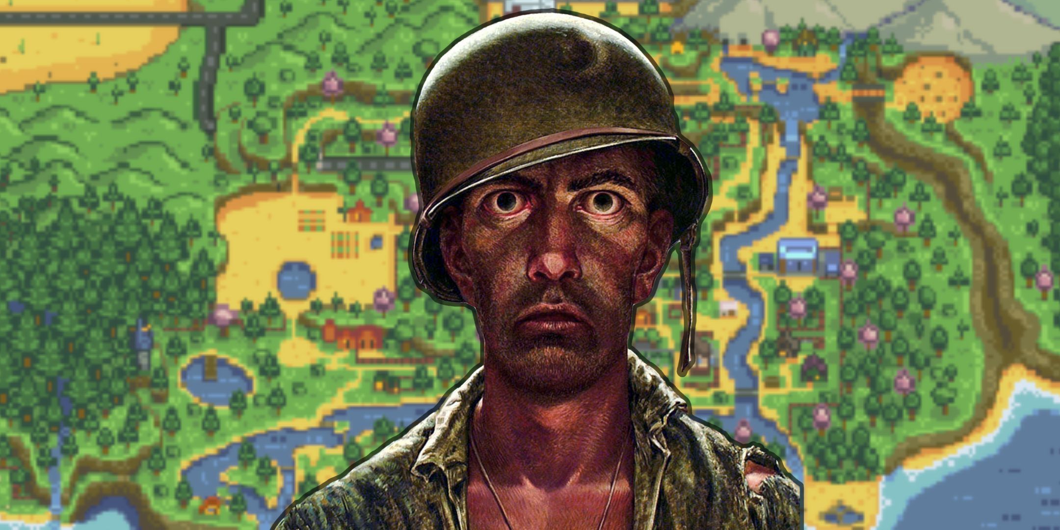 A meme of a soldier with a thousand yard stare over the Pelican Town map in Stardew Valley.