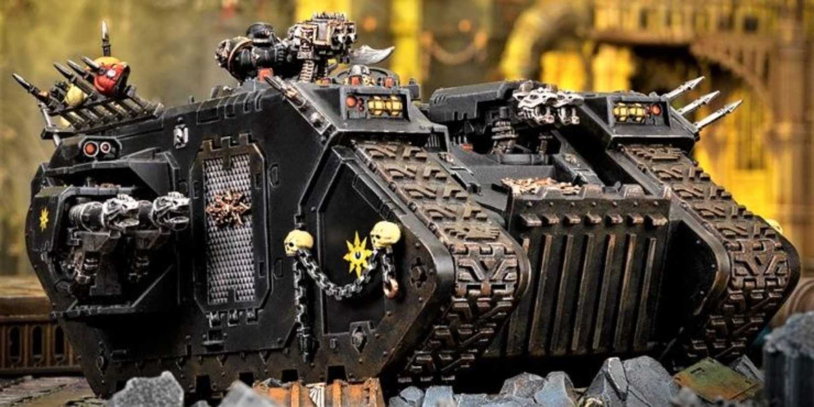 a Chaos Space Marines Land Raider painted in Black Legion colors for Warhammer 40k.