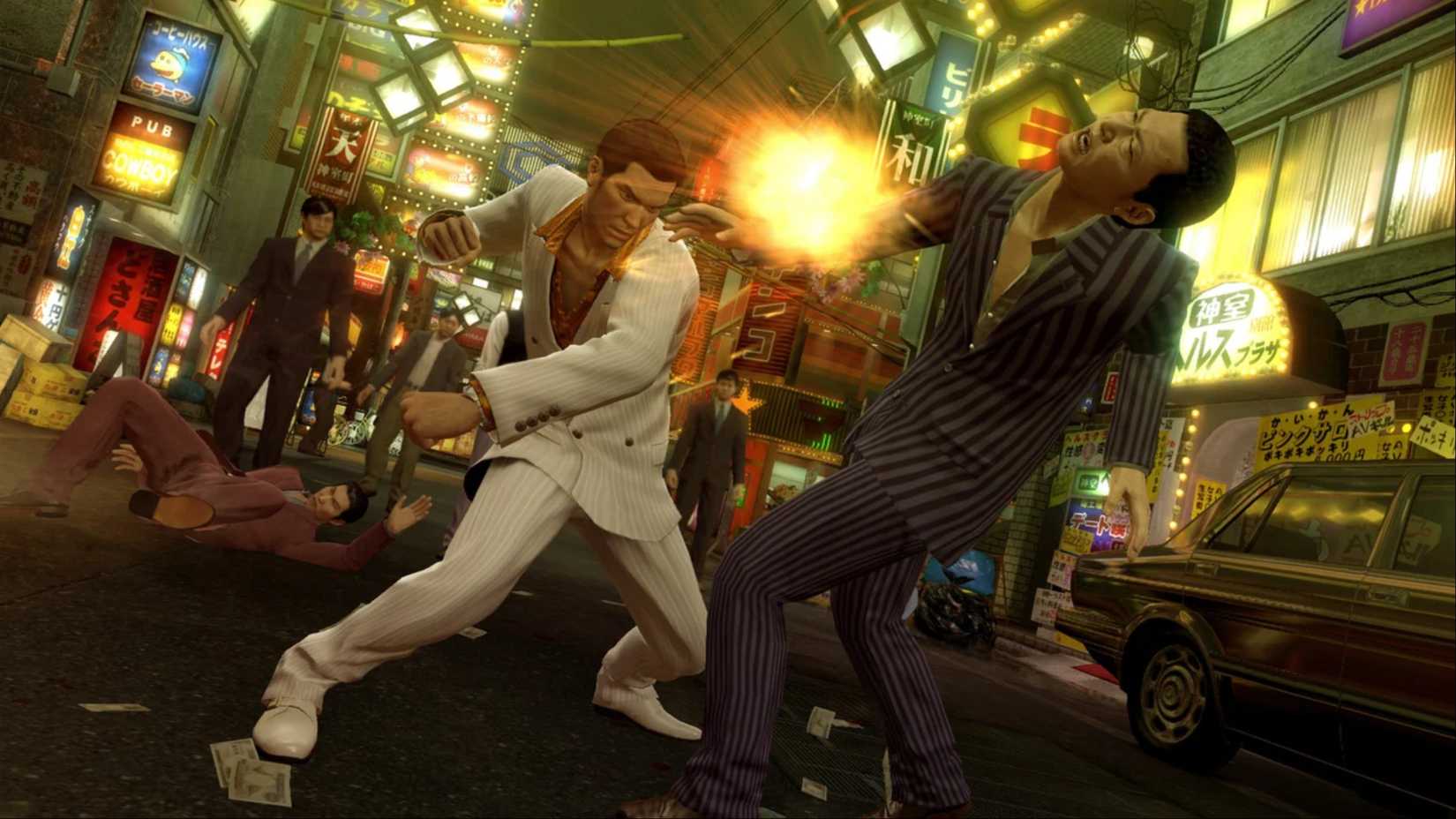 Kazuma Kiryu punching a yakuza member in the face in Yakuza 0.