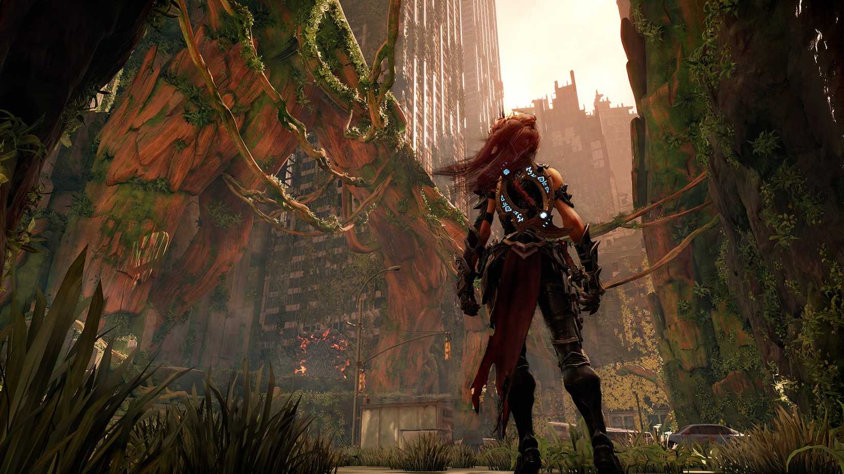Fury stands in front of a destroyed city in Darksiders 3. 