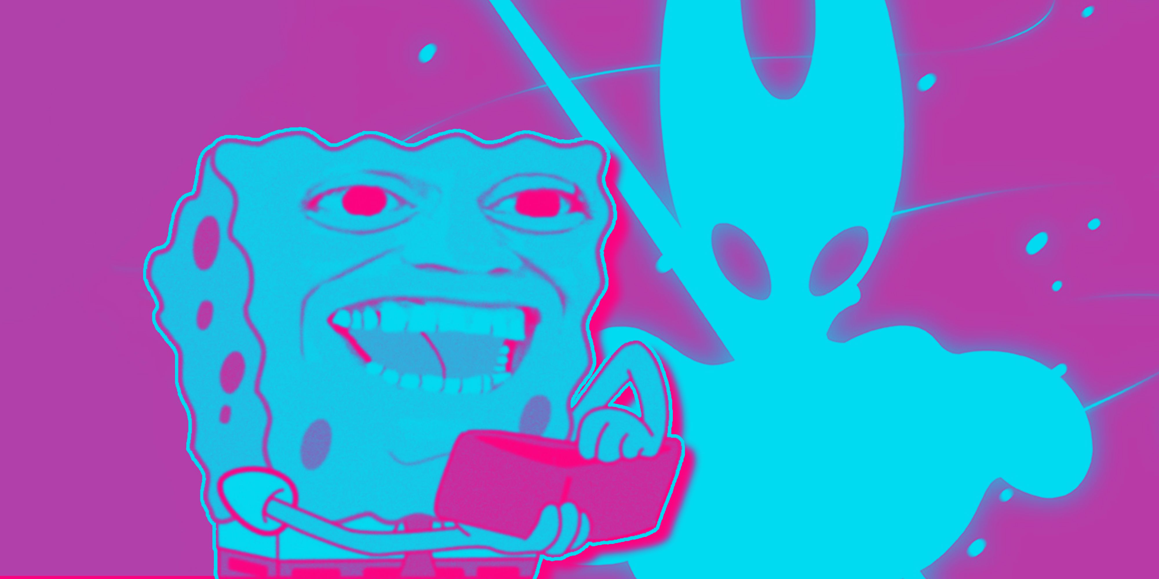 Spongebob opens his wallet with Hornet from Hollow Knight: Silksong in the background.