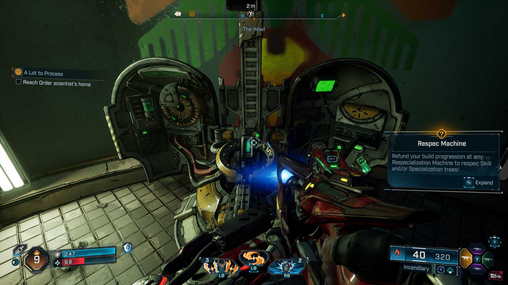 Borderlands 4 player looking at a Respec Machine, with a pop-up explaining how it works.