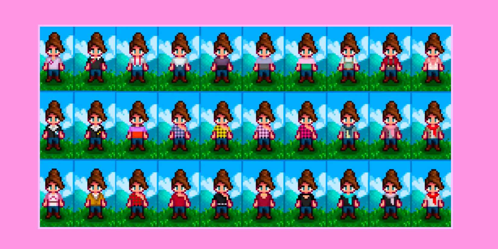 A bunch of different shirts worn by a player from Missy's Shirts Mod in Stardew Valley.