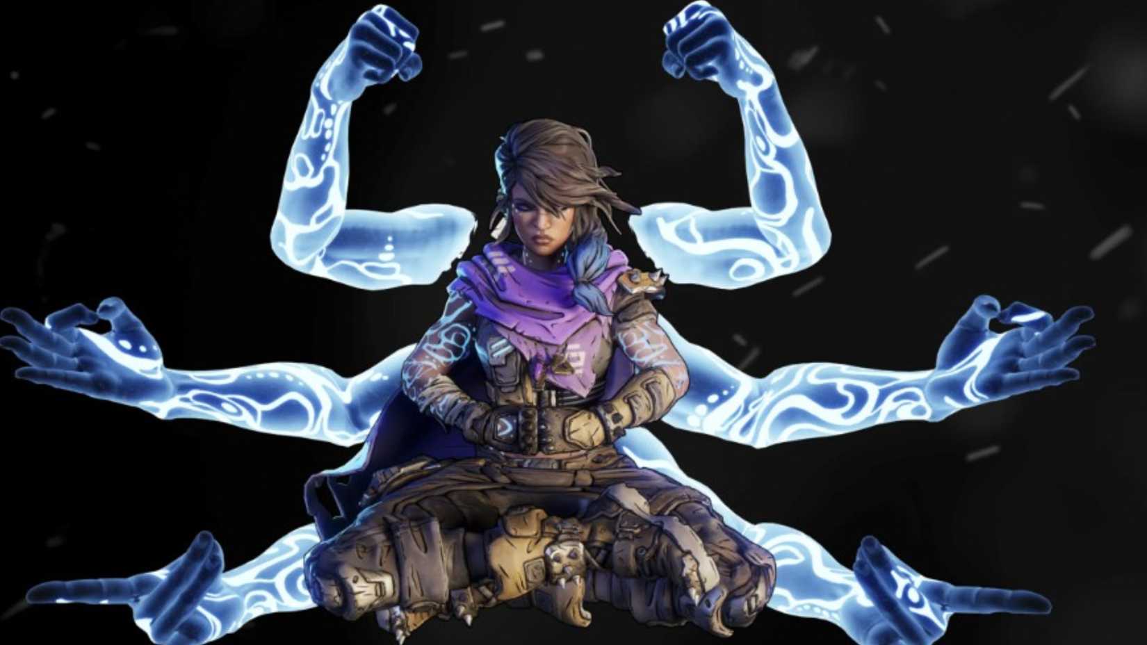A close -up of Amara in Borderland's 4 with 3 holographic arms on each side that makes different poses in Borderland 4.