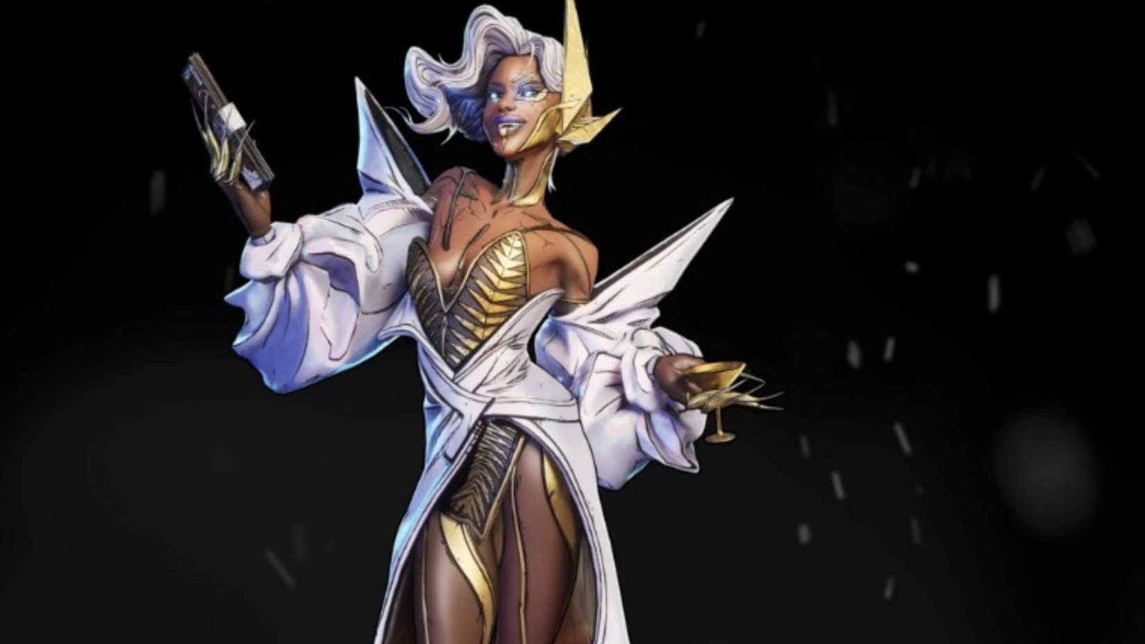 A close-up of Levaine in Borderlands 4 holding a device in one hand and a martini glass in the other.