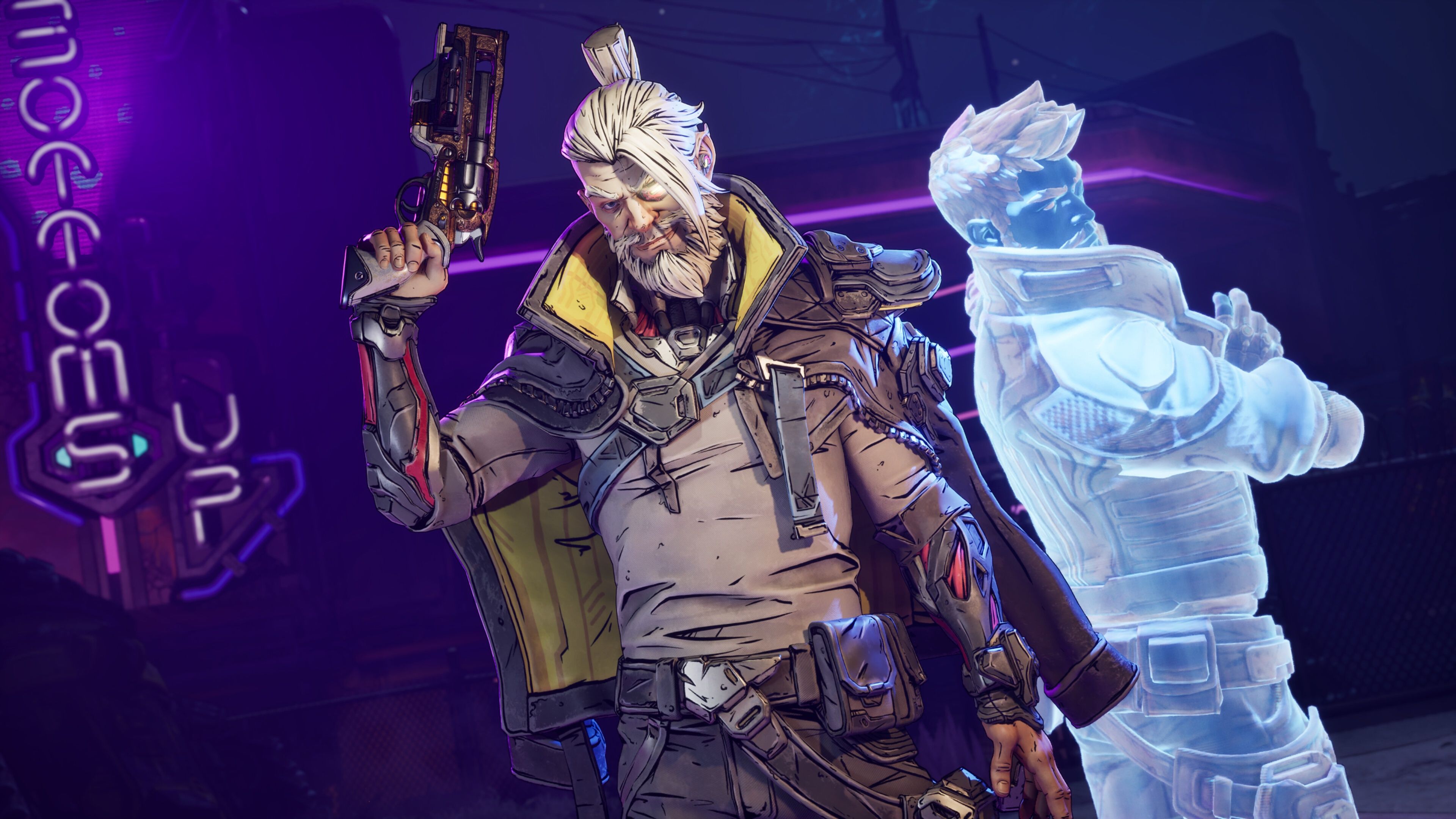 A close-up of Zane in Borderlands 4 next to a hologram.