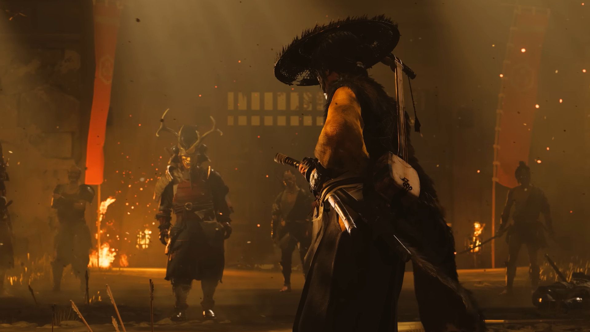 A femal samurai facing down several other samurai in front of a large gate.