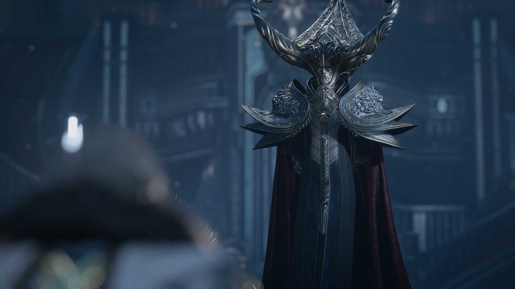 A man in armor stood above a man who kneeed in front of him.