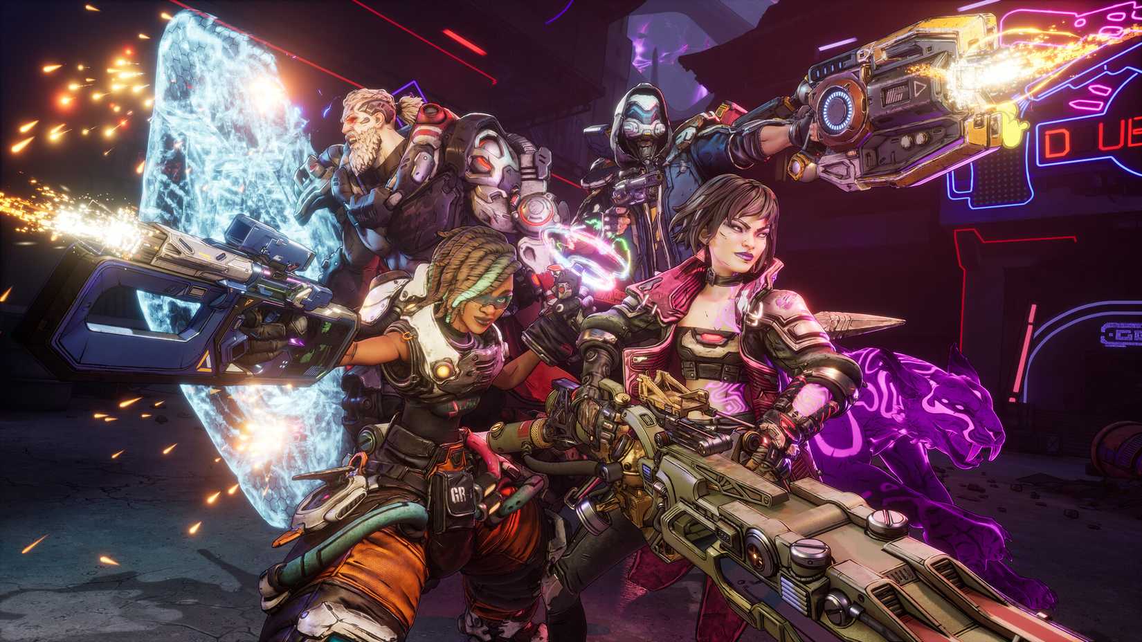 All four Borderlands 4 vault hunters crowded together, brandishing their weapons.