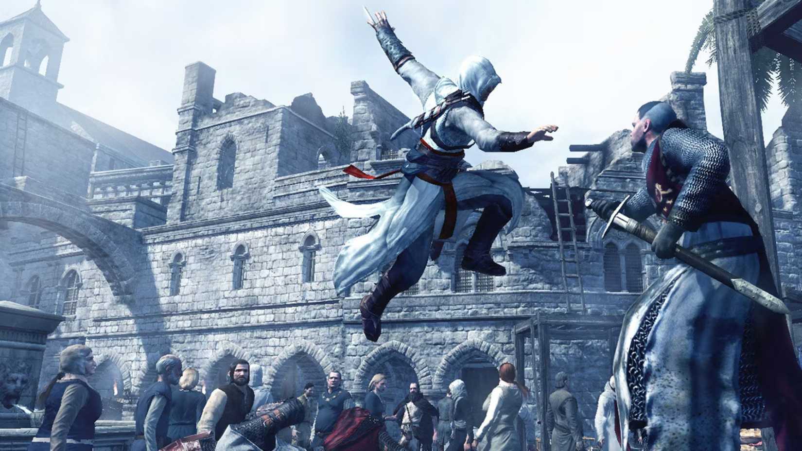 Altair is about to assassinate the Templar in Assassin's religion.