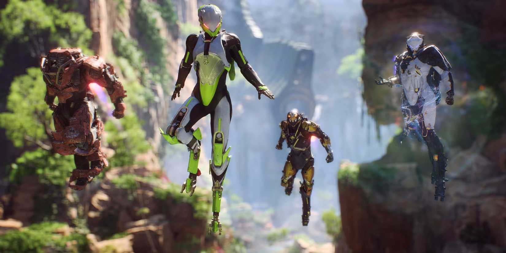 The default Ranger, Colossus, Intercepter, and Storm suits float in the air in Anthem.