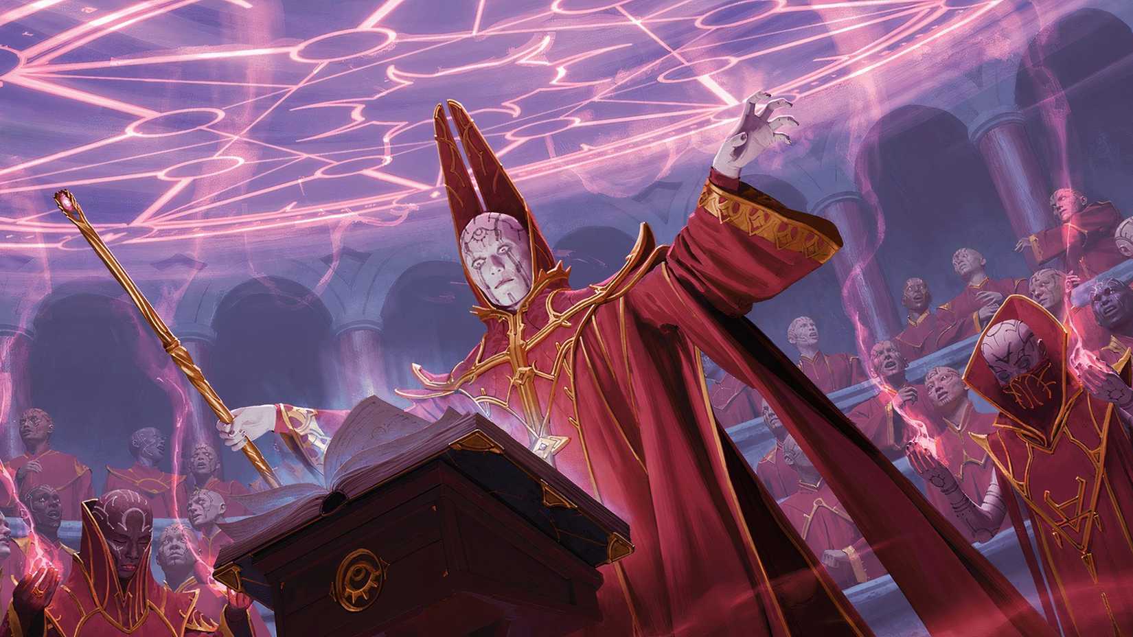 A red mage performs a ritual in a room of red mages, a large purple sigil glowing above them.