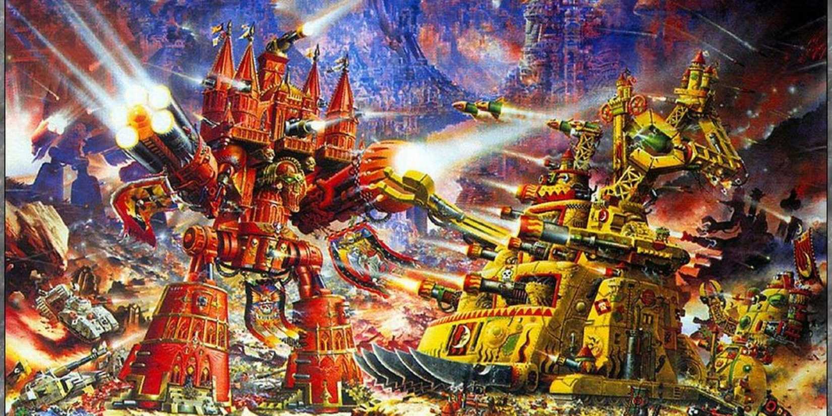 A titan fighting an ork gaurgant on Armageddon in Warhammer 40,000.