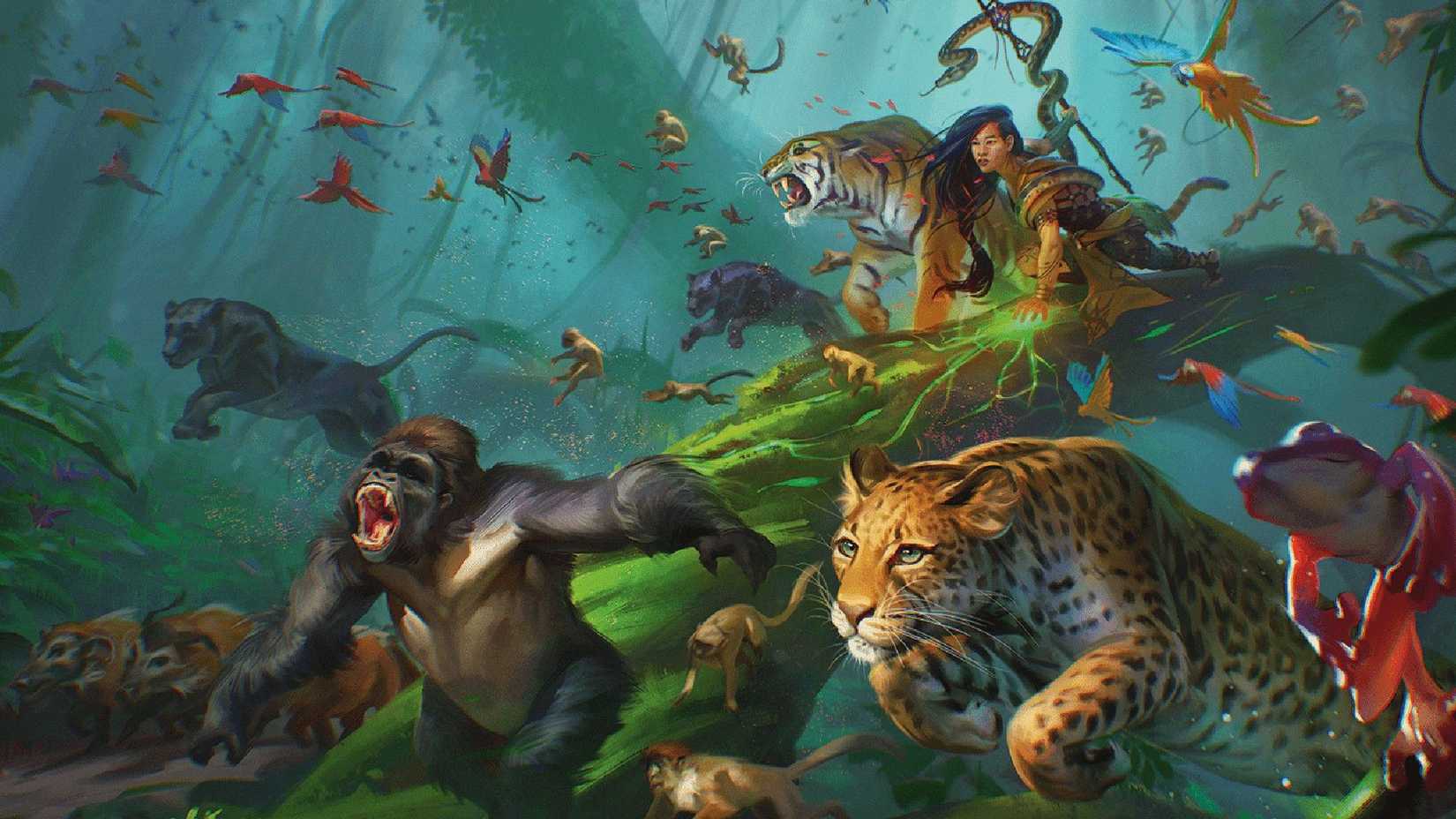 A large group of different beasts, with one human in tow, running through a jungle.