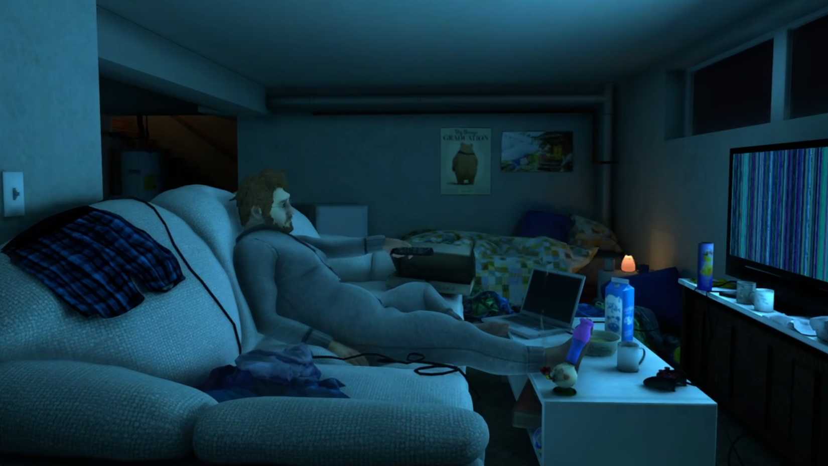 Baby Steps Nate at the start of the game on the sofa watching TV.