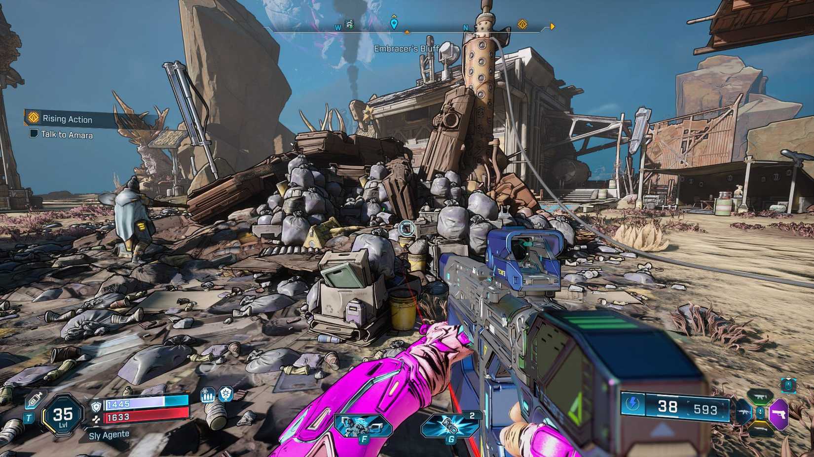 Borderland's 4 screenshot showing a player on Embracer's scam and looks at a giant trash.