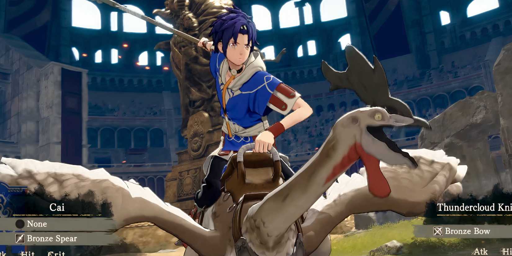 Cai riding on a Ornius to fight in Fire Emblem: Fortune's Weave.