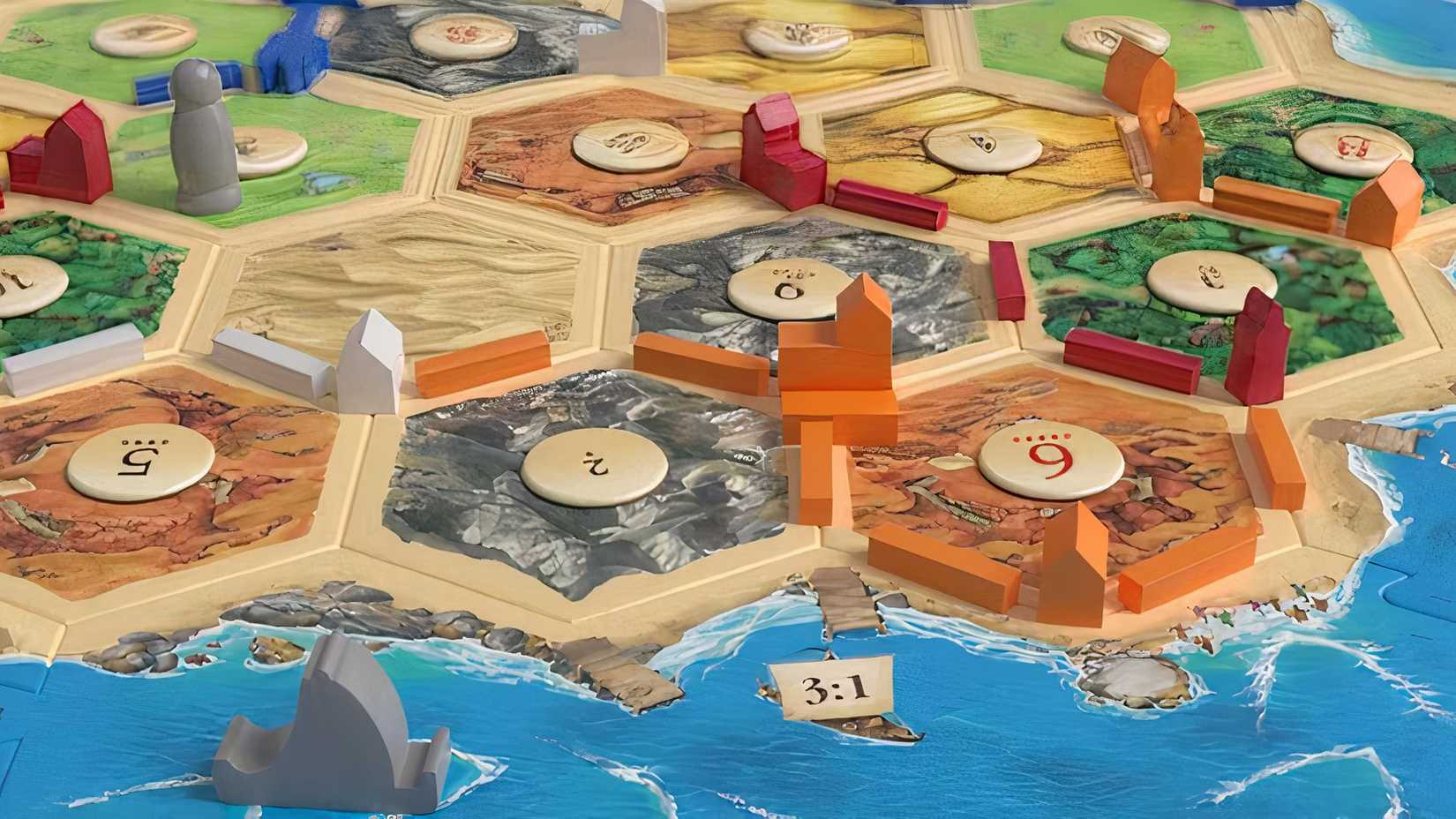 City figures on the Catan board from the City and Knights expansion.