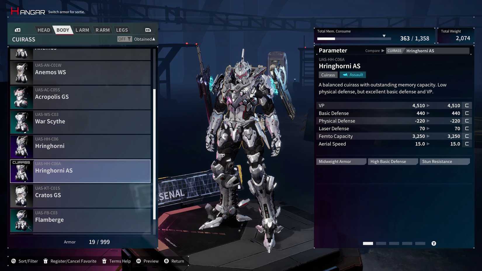 daemon x machina mech customization screen.