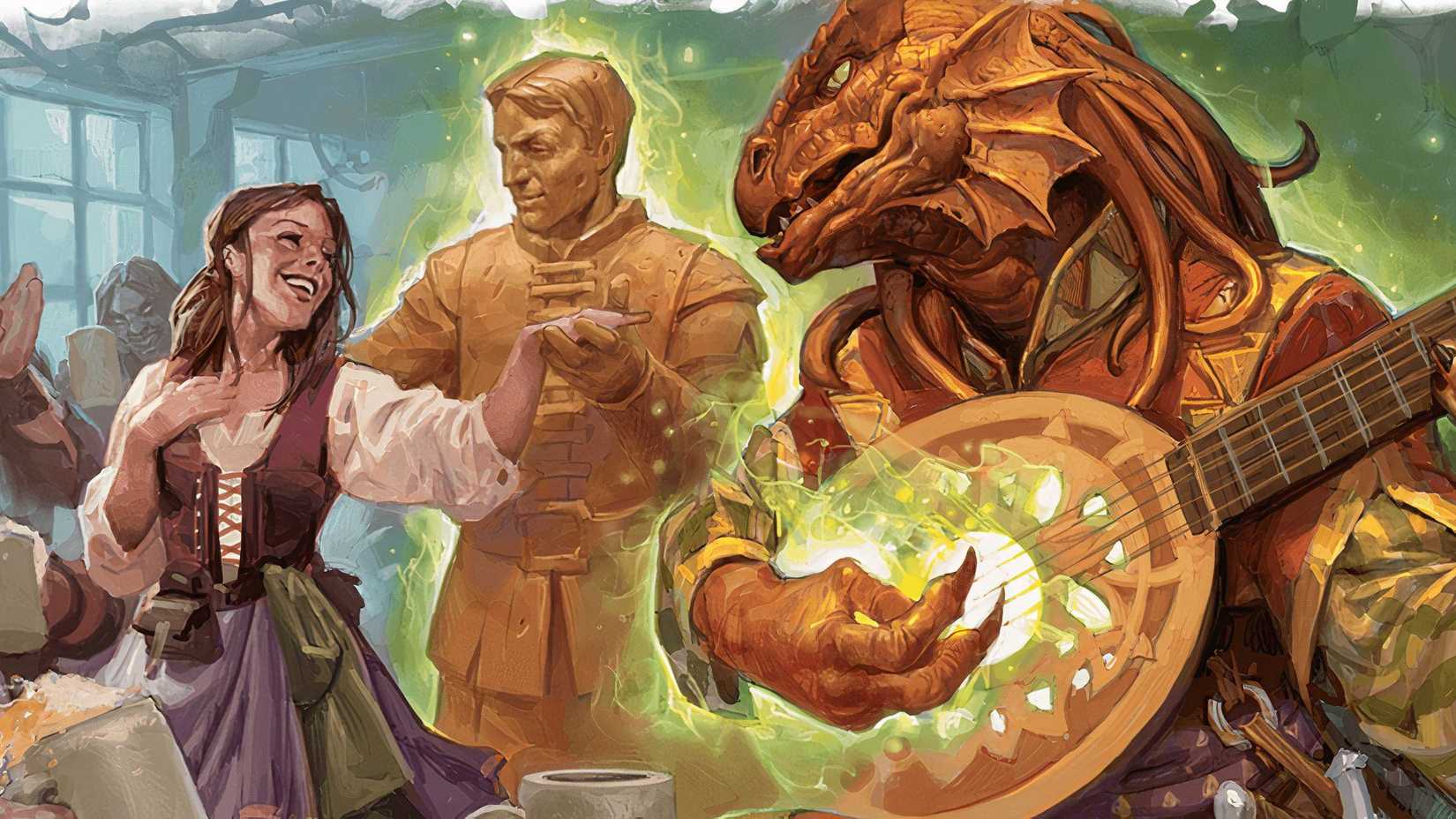 A dragonborn bard enchants a human dancing.