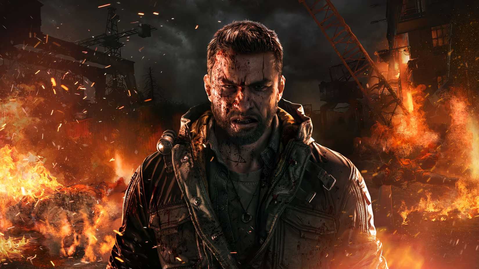 Kyle standing in a fire in key art for Dying Light: The Beast.