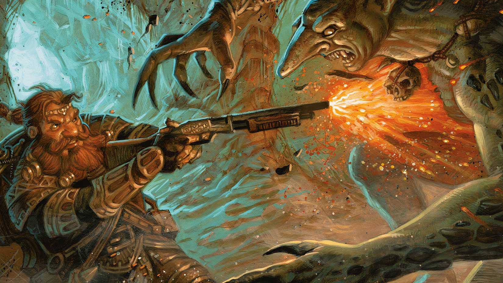 A subluth fires a shotgun in a cave.