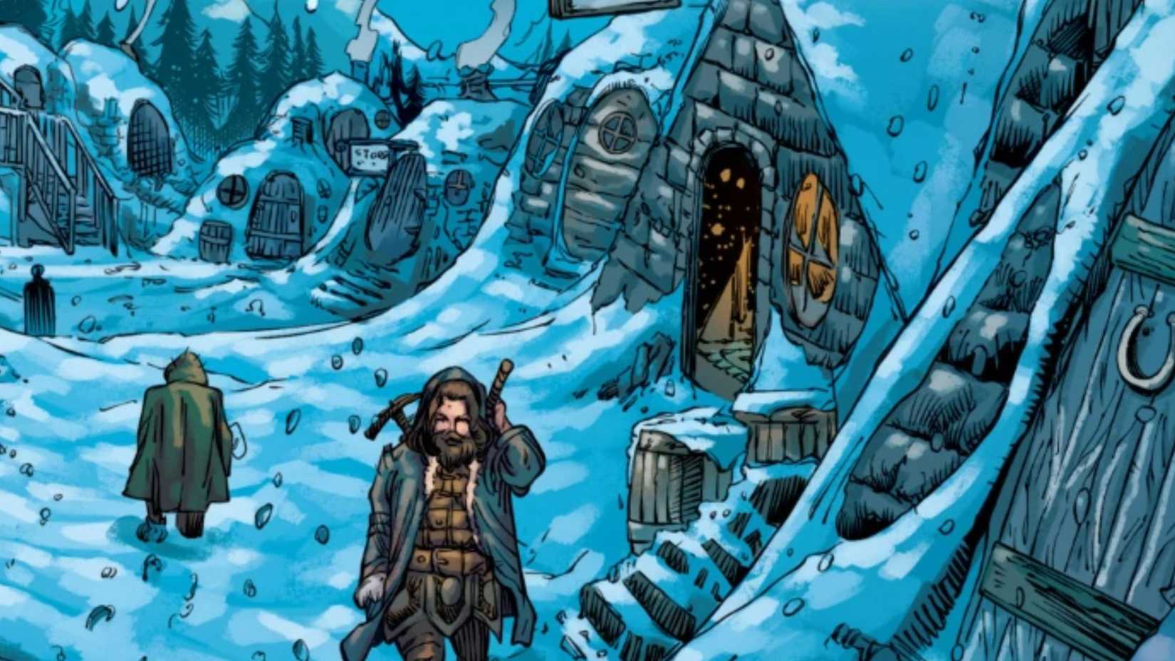 A beard man walks through the snow cover city.