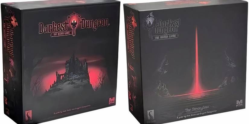 Sit in front of the white background and the front and back of the darkest dungeon board game.